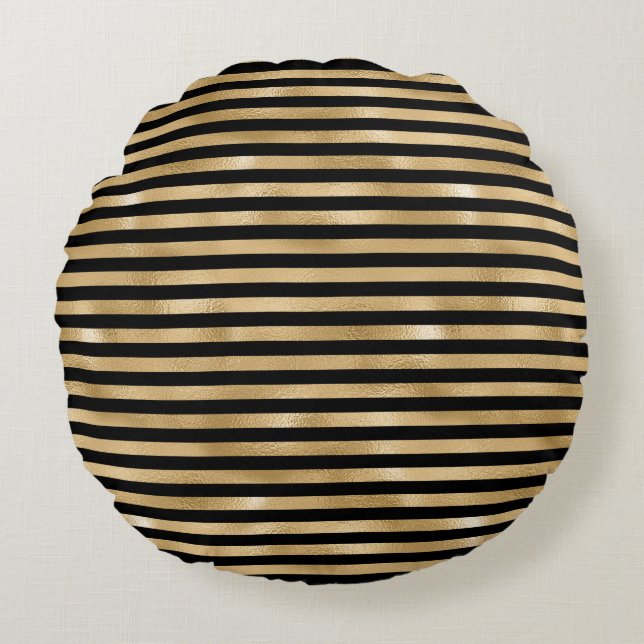 Black and Gold Striped Chic Modern Round Cushion (Front)