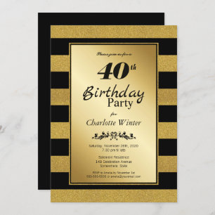Black and Gold Stripes 40th Birthday Party Invitation