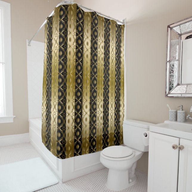 Black And Gold Stripes And Quatrefoil Geometric Shower Curtain (In Situ)