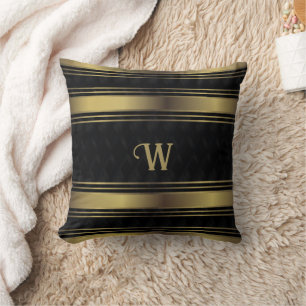 Black And Gold Stripes Geometric Monogram Cushion