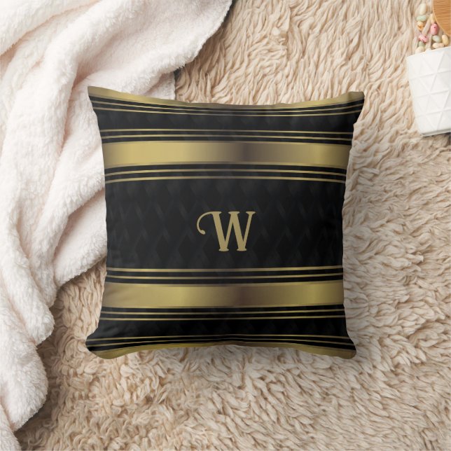 Black And Gold Stripes Geometric Monogram Cushion (Blanket)