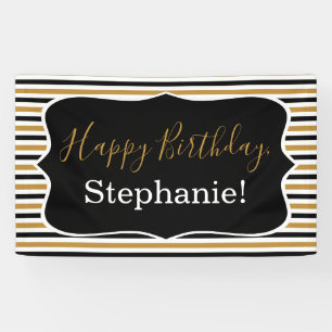 Black and Gold Stripes with White Birthday Party Banner