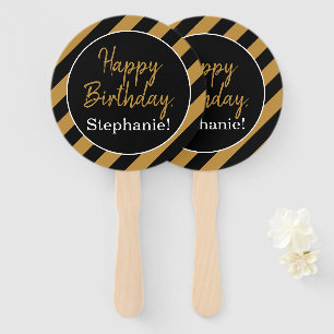 Black and Gold Stripes with White Birthday Party Hand Fan