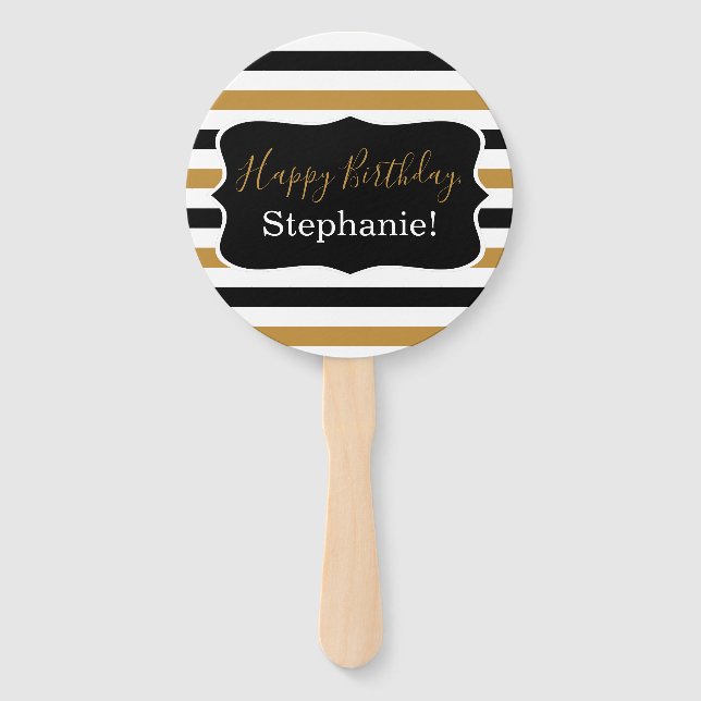 Black and Gold Stripes with White Birthday Party Hand Fan (Front)