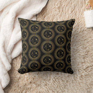 Black and Gold Sun & Moon Faces Cushion