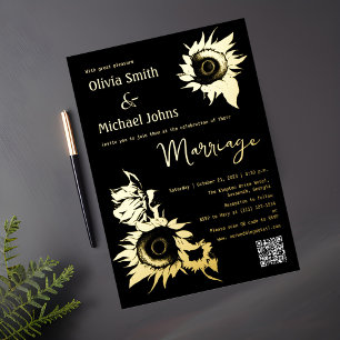Black and Gold Sunflower QR code Wedding Invite