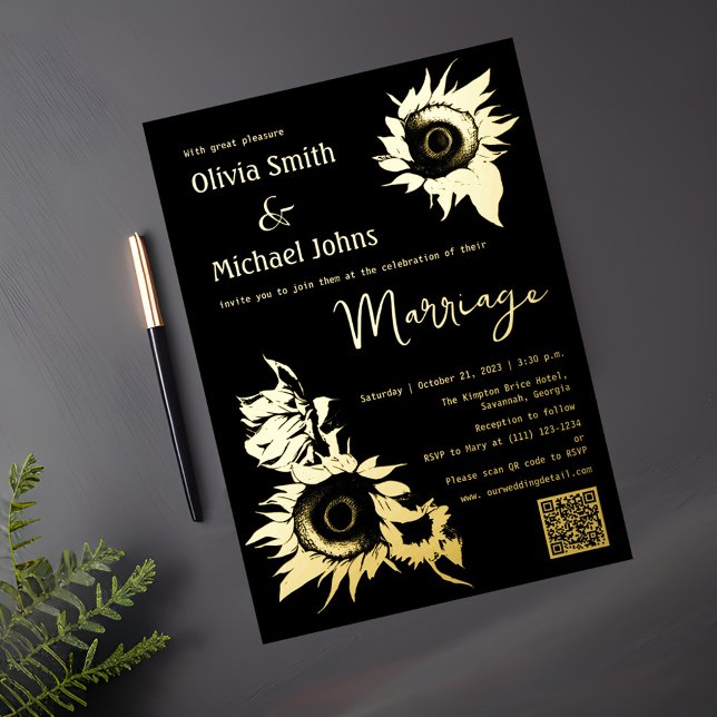 Black and Gold Sunflower QR code Wedding Invite (Creator Uploaded)