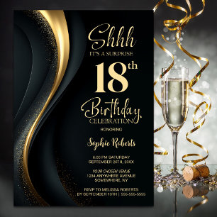 Black and Gold Surprise 18th Birthday Party Invitation