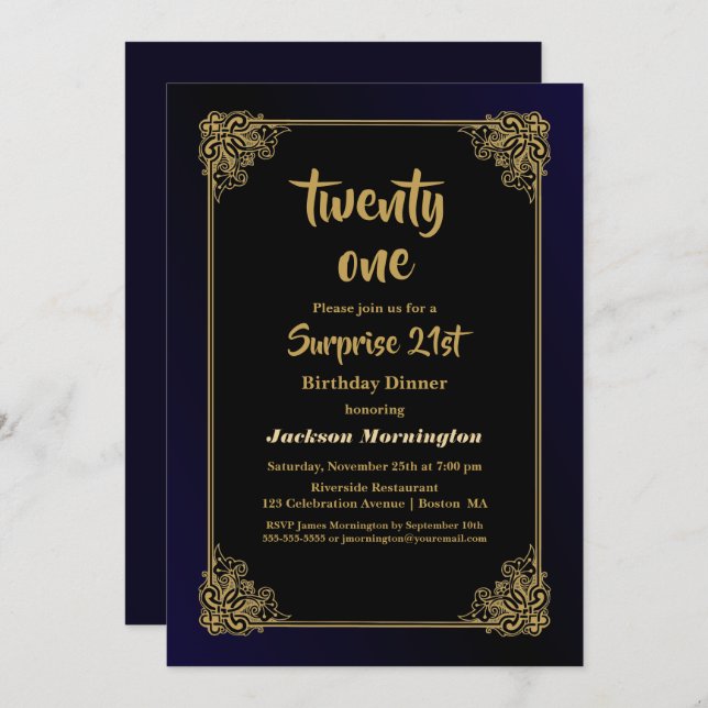 Black and Gold Surprise 21st Birthday Dinner Invitation (Front/Back)