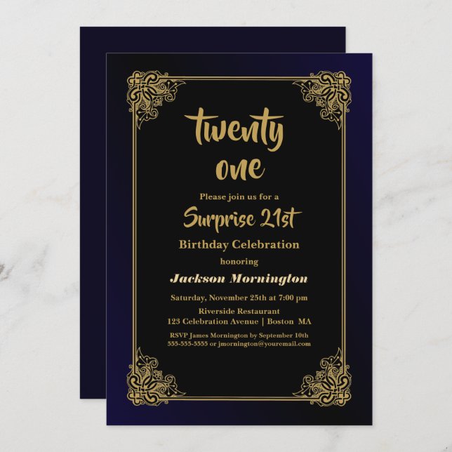 Black and Gold Surprise 21st Birthday Party Invitation (Front/Back)