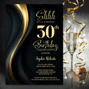 Black and Gold Surprise 30th Birthday Party Invitation