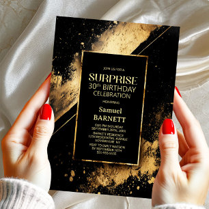 Black and Gold Surprise 30th Birthday Party Invitation