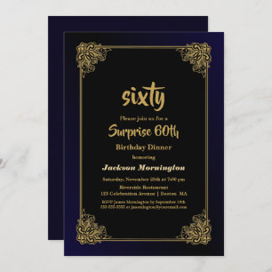 Black and Gold Surprise 60th Birthday Dinner Invitation