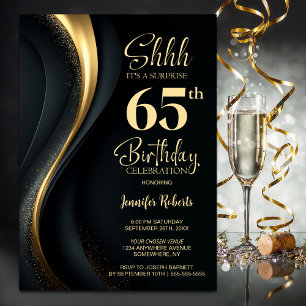 Black and Gold Surprise 65th Birthday Party Invitation