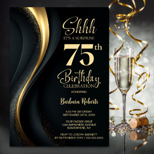 Black and Gold Surprise 75th Birthday Party Invitation