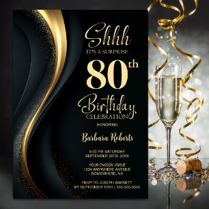 Black and Gold Surprise 80th Birthday Party Invitation