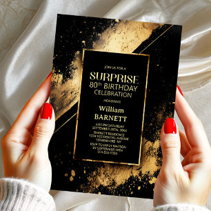 Black and Gold Surprise 80th Birthday Party Invitation