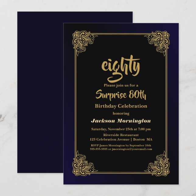 Black and Gold Surprise 80th Birthday Party Invitation (Front/Back)