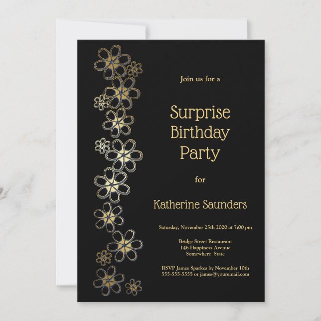 Black and Gold Surprise Birthday Party Invitation (Front)
