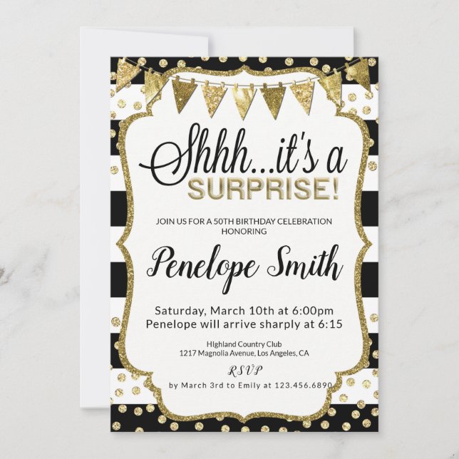 Black and Gold Surprise Birthday Party Invitations (Front)
