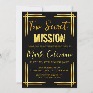 black and gold surprise retirement party invitation