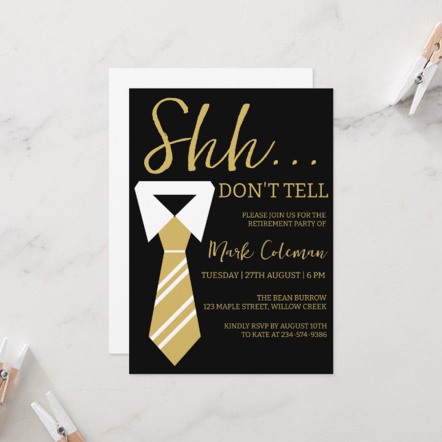 black and gold surprise retirement party invitation (Front/Back In Situ)
