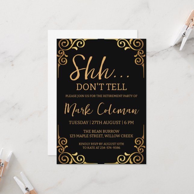 black and gold surprise retirement party invitation (Front/Back In Situ)