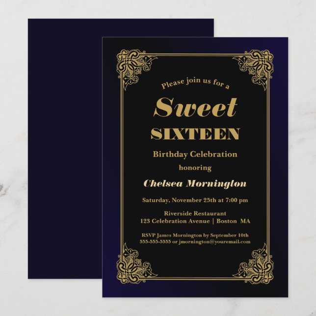 Black and Gold Sweet 16 Birthday Invitation (Front/Back)