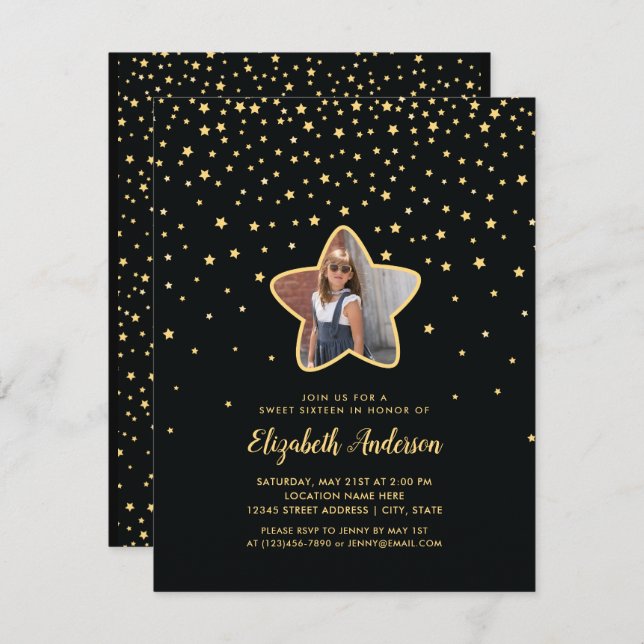 Black and Gold Sweet 16 Superstar Birthday Photo Invitation (Front/Back)