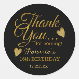 Black And Gold Sweet 16th Birthday Party Thank You Classic Round Sticker