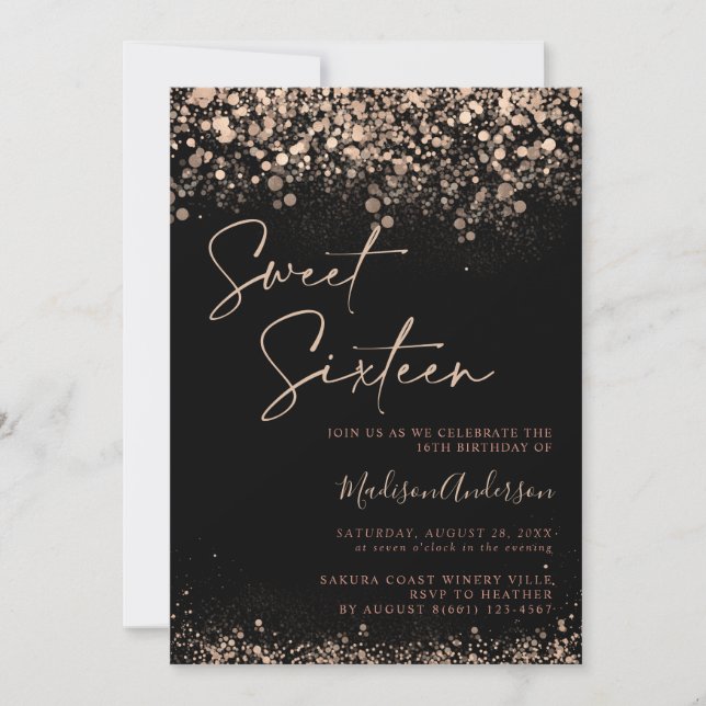 Black and Gold Sweet 16th Elegant Photo Birthday Invitation (Front)
