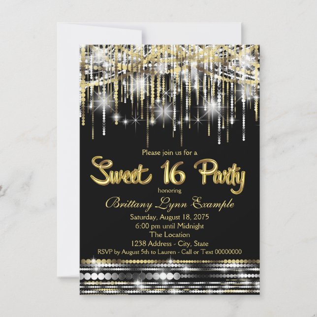 Black and Gold Sweet Sixteen Party Invitation (Front)