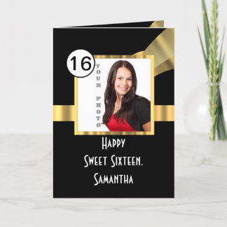 Black and gold sweet sixteen photo card