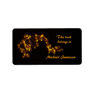 Black and Gold Swirling Musical Notes Bookplates Label