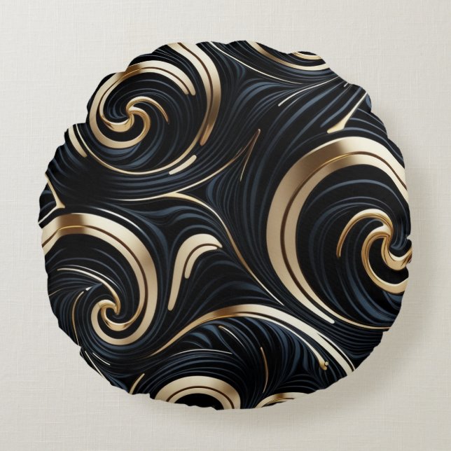 black and gold swirls round cushion (Front)