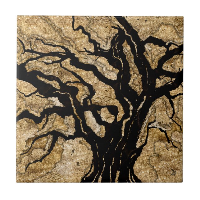 Black and Gold texture mixed media abstract Ceramic Tile (Front)