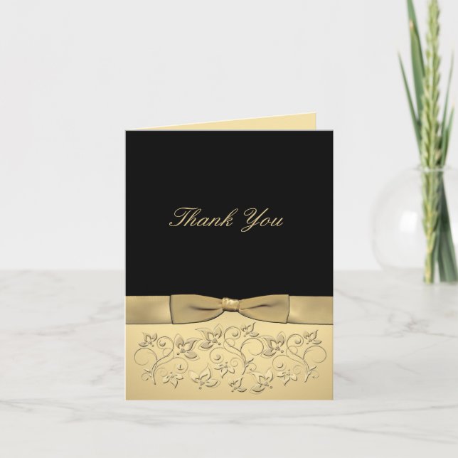 Black and Gold Thank You Card with Gold Ribbon (Front)