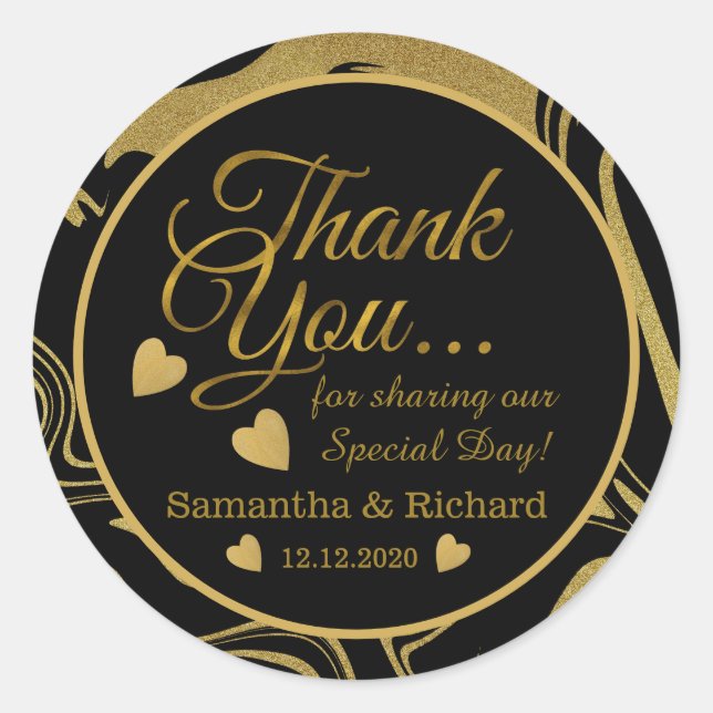 Black And Gold Thank You Wedding Favour Classic Round Sticker (Front)