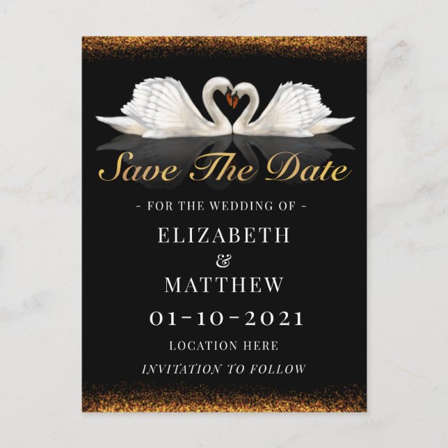 Black and Gold Themed with Swans Wedding Announcement Postcard (Front)