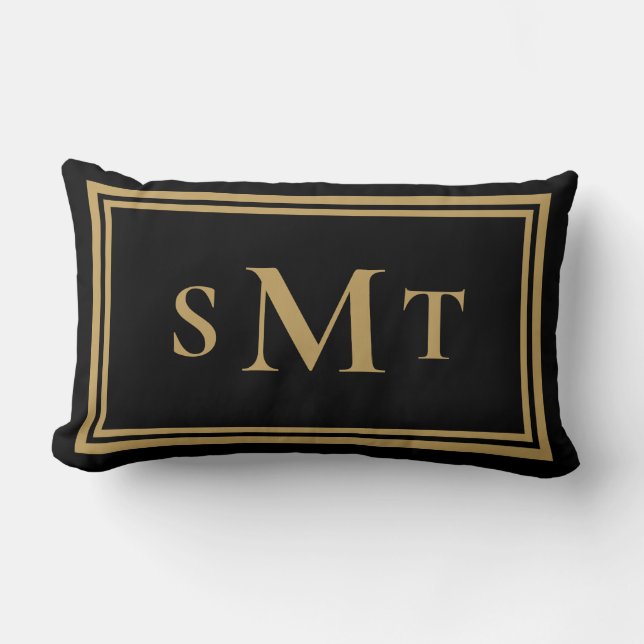 Black and Gold Three Letter Monogram Lumbar Cushion (Front)