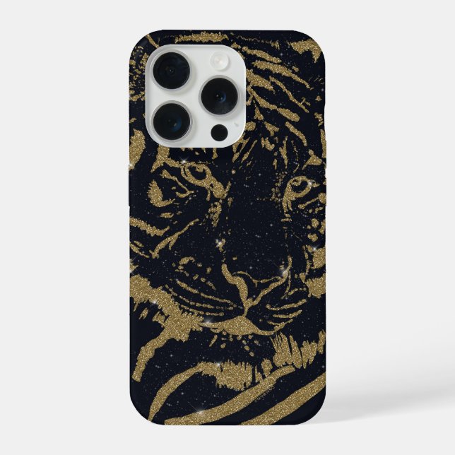 Black and Gold Tiger Artwork Luxury Glitter Style iPhone Case (Back)