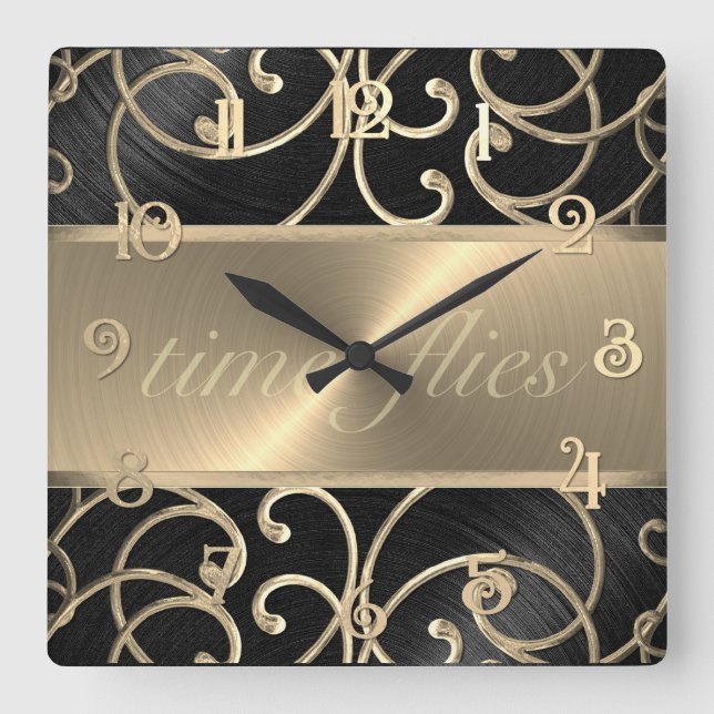 Black and Gold Time Flies Clock (Front)