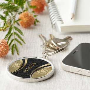Black And Gold Tones Floral Damasks Key Ring