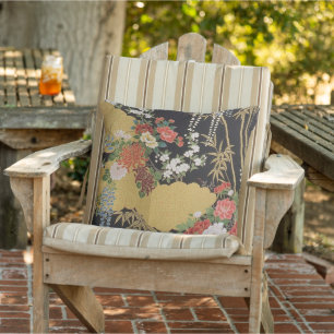Black and Gold Traditional Japanese Floral Patio Cushion