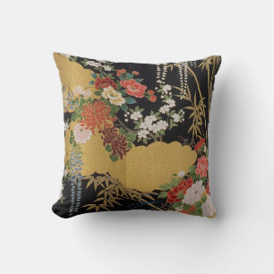Black and Gold Traditional Japanese Kimono Floral  Cushion