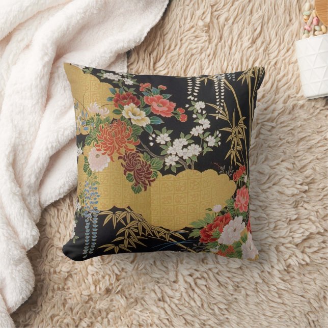 Black and Gold Traditional Japanese Kimono Floral  Cushion (Blanket)