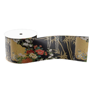 Black and Gold Traditional Japanese Kimono Floral Grosgrain Ribbon
