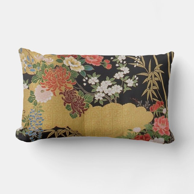 Black and Gold Traditional Japanese Kimono Floral  Lumbar Cushion (Front)