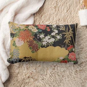 Black and Gold Traditional Japanese Kimono Floral  Lumbar Cushion