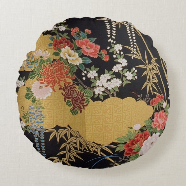 Black and Gold Traditional Japanese Kimono Floral  Round Cushion (Front)